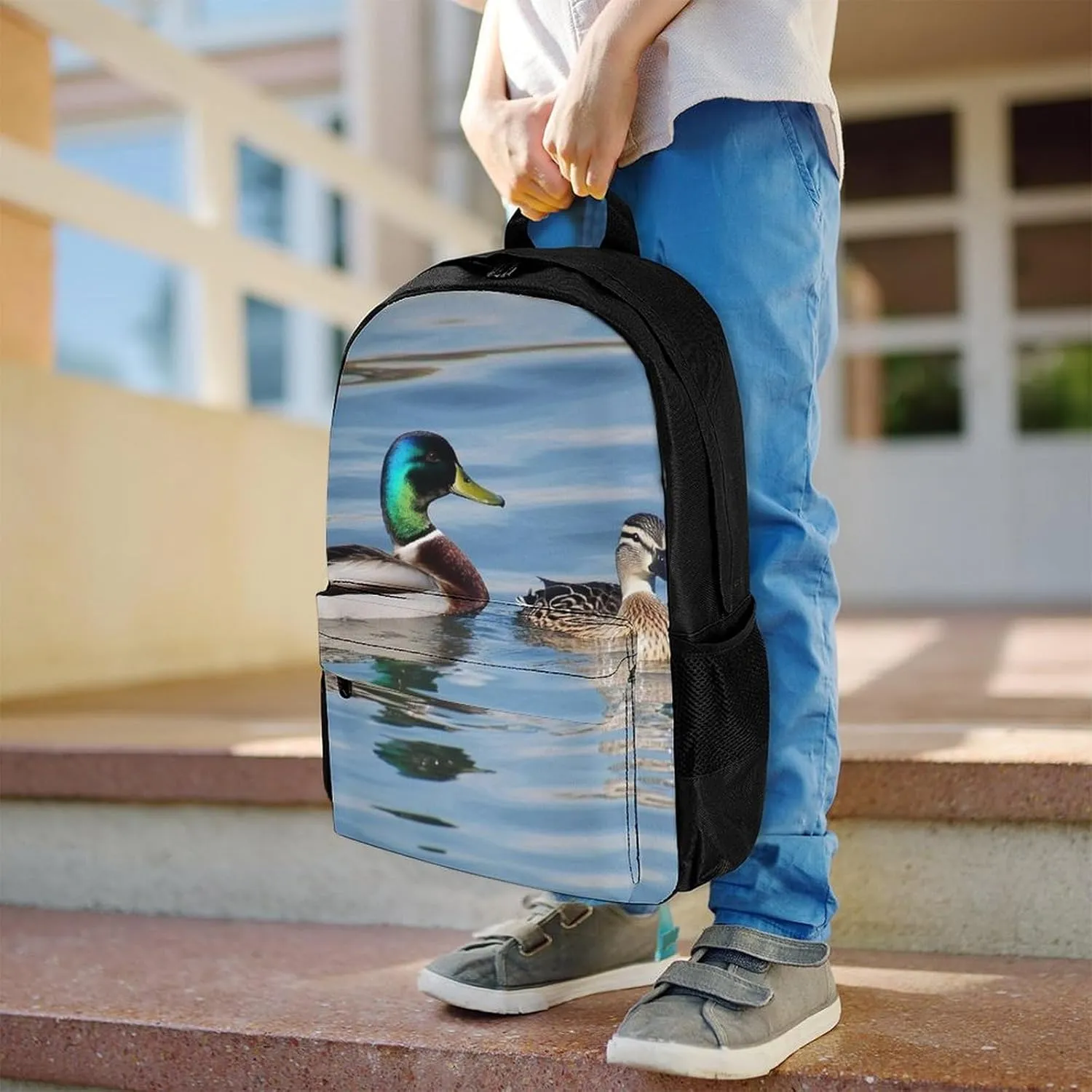Men Women Lightweight Blue Animals Mallard Ducks Wild Birds Nature Casual Daypack Big Capacity Bookbag With Padded Straps for Gym Travel Walking Cycling