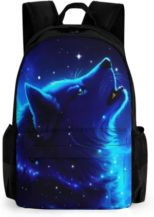 Men Women Lightweight Blue Universe Galaxy Magic Wolf In The Space Art Backpack Large Capacity Carry On Bag With Padded Straps for Sports Work Walking Cycling