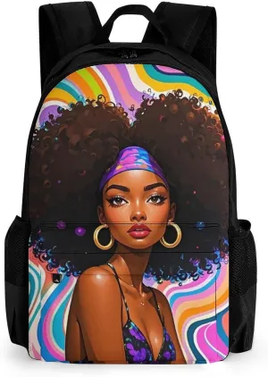 Men Women Lightweight Chic Cartoon Black Woman African American Woman Art Casual Daypack Big Capacity Bookbag With Padded Straps for Gym Travel Walking Cycling