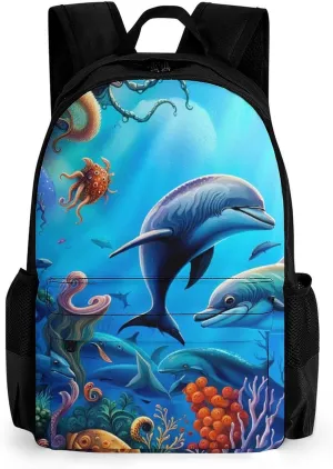 Men Women Lightweight Colorful Sea Ocean World Dolphin Tropical Fishes Coral Art Backpack Large Capacity Carry On Bag With Padded Straps for Sports Work Walking Cycling