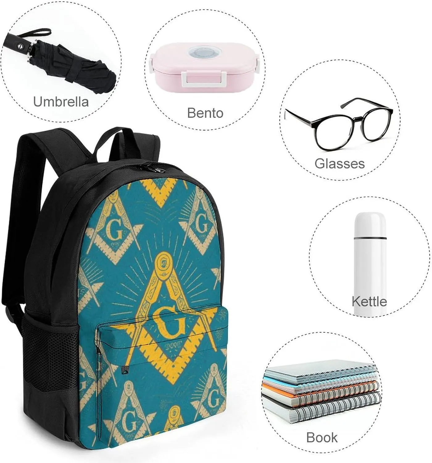 Men Women Lightweight Gold Freemason Freemasonry Masonic Art Backpack Large Capacity Carry On Bag With Padded Straps for Sports Work Walking Cycling