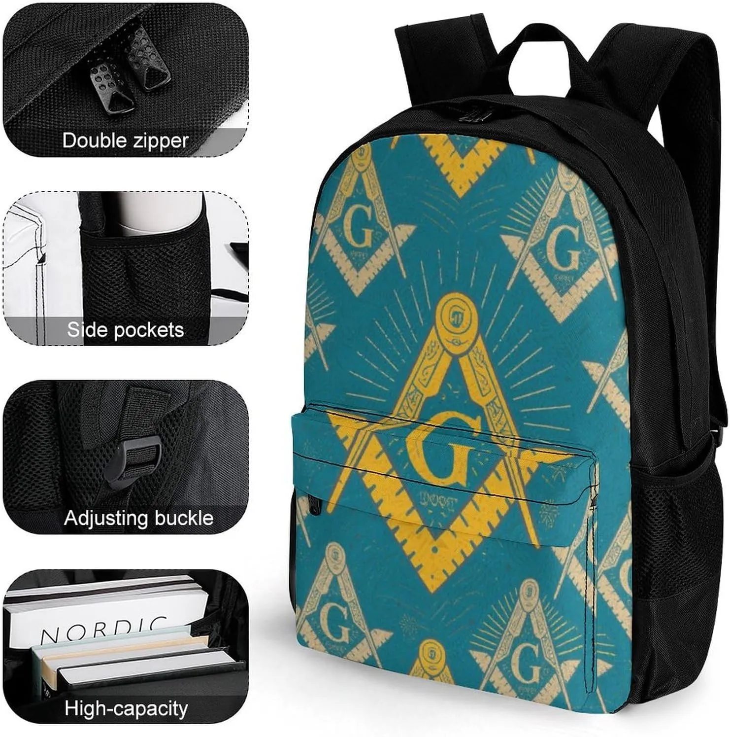Men Women Lightweight Gold Freemason Freemasonry Masonic Art Backpack Large Capacity Carry On Bag With Padded Straps for Sports Work Walking Cycling