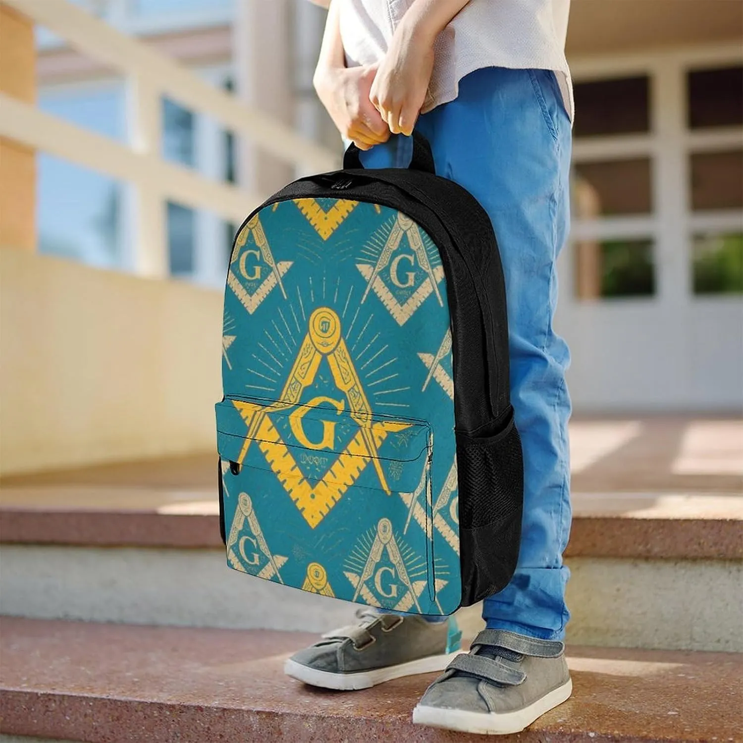 Men Women Lightweight Gold Freemason Freemasonry Masonic Art Backpack Large Capacity Carry On Bag With Padded Straps for Sports Work Walking Cycling