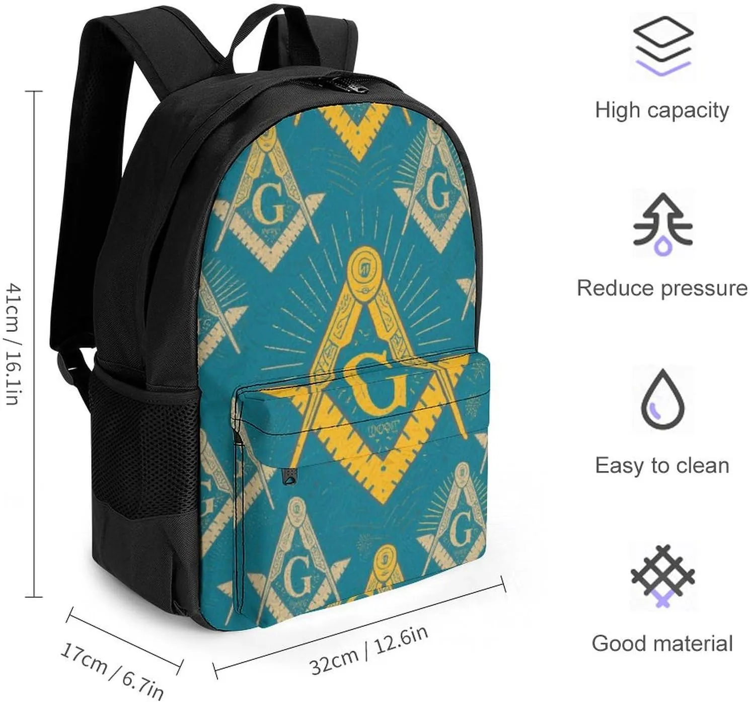 Men Women Lightweight Gold Freemason Freemasonry Masonic Art Backpack Large Capacity Carry On Bag With Padded Straps for Sports Work Walking Cycling