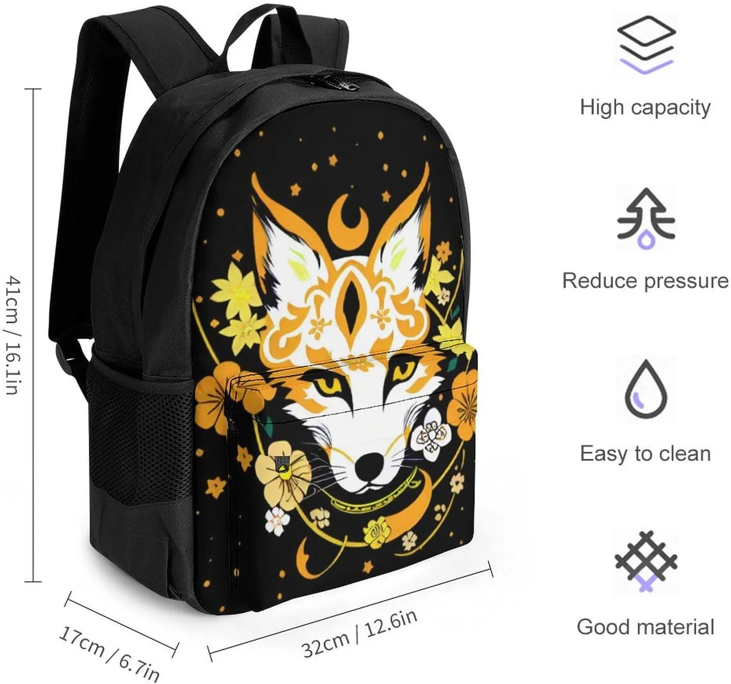 Men Women Lightweight Japanese Kitsune Fox Magical Flowers Art Backpack Large Capacity Carry On Bag With Padded Straps for Sports Work Walking Cycling
