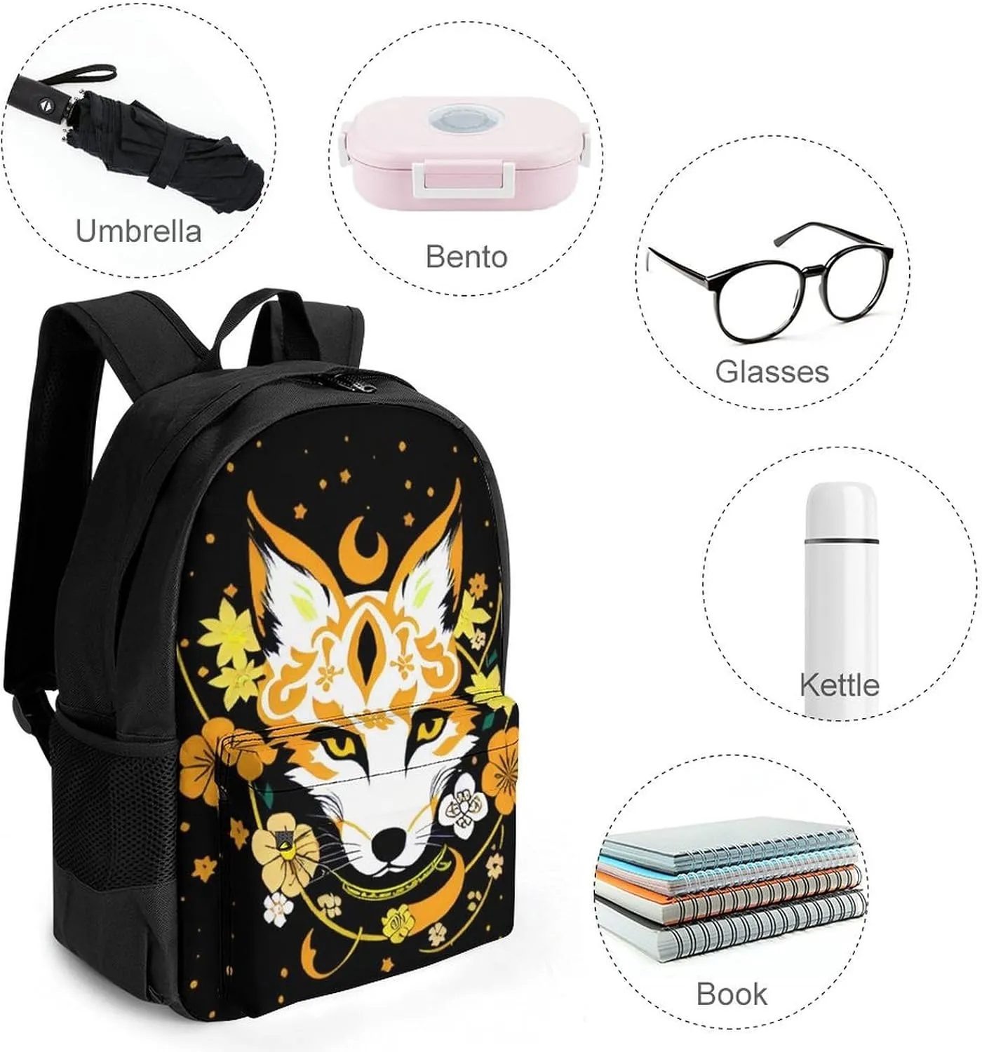 Men Women Lightweight Japanese Kitsune Fox Magical Flowers Art Backpack Large Capacity Carry On Bag With Padded Straps for Sports Work Walking Cycling