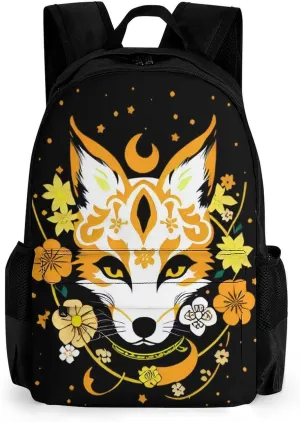 Men Women Lightweight Japanese Kitsune Fox Magical Flowers Art Backpack Large Capacity Carry On Bag With Padded Straps for Sports Work Walking Cycling
