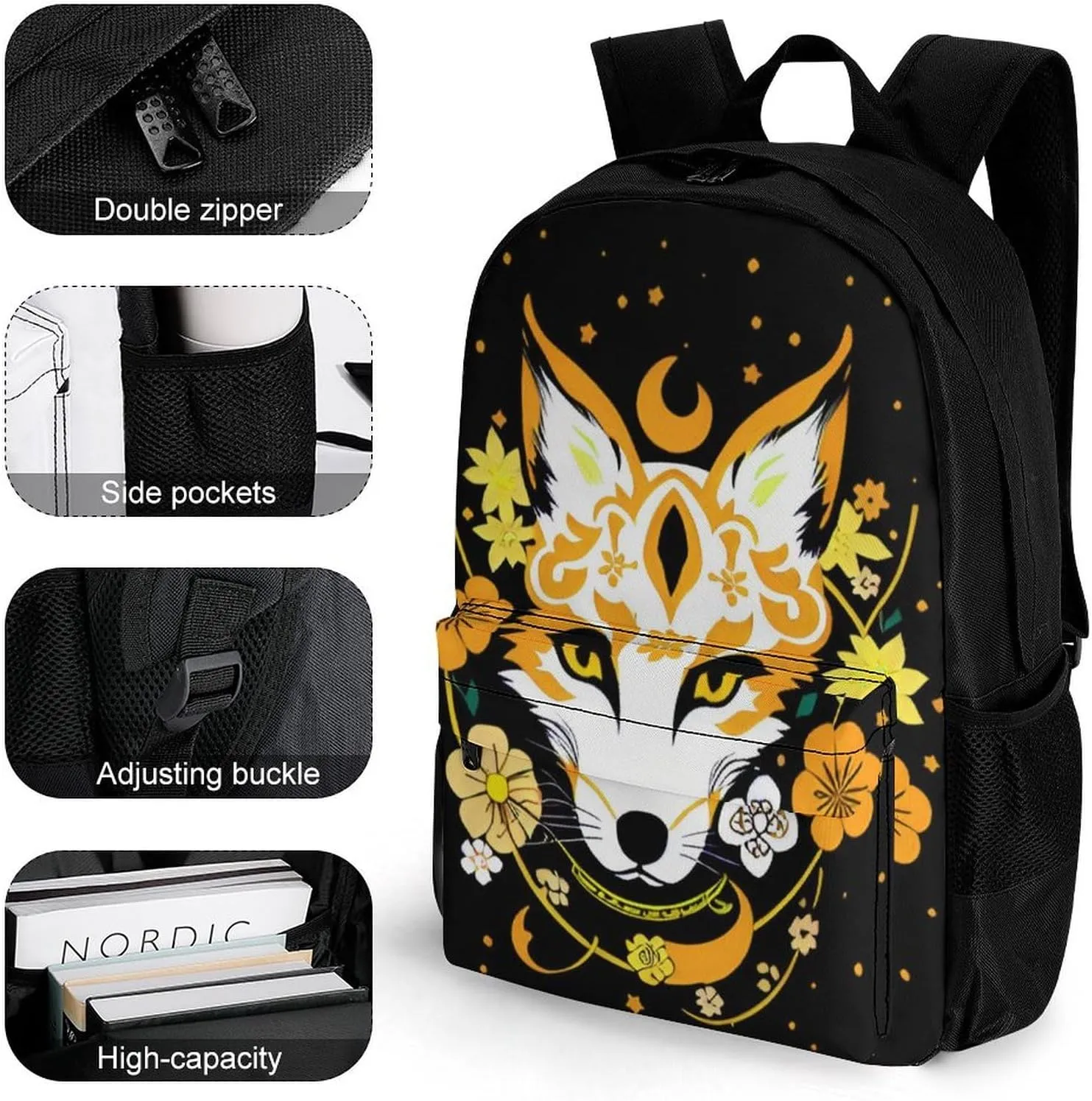 Men Women Lightweight Japanese Kitsune Fox Magical Flowers Art Backpack Large Capacity Carry On Bag With Padded Straps for Sports Work Walking Cycling