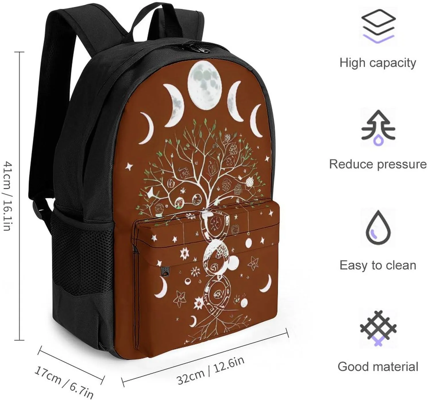 Men Women Lightweight Moon Phase Space Tree Art Casual Daypack Big Capacity Bookbag With Padded Straps for Gym Travel Walking Cycling