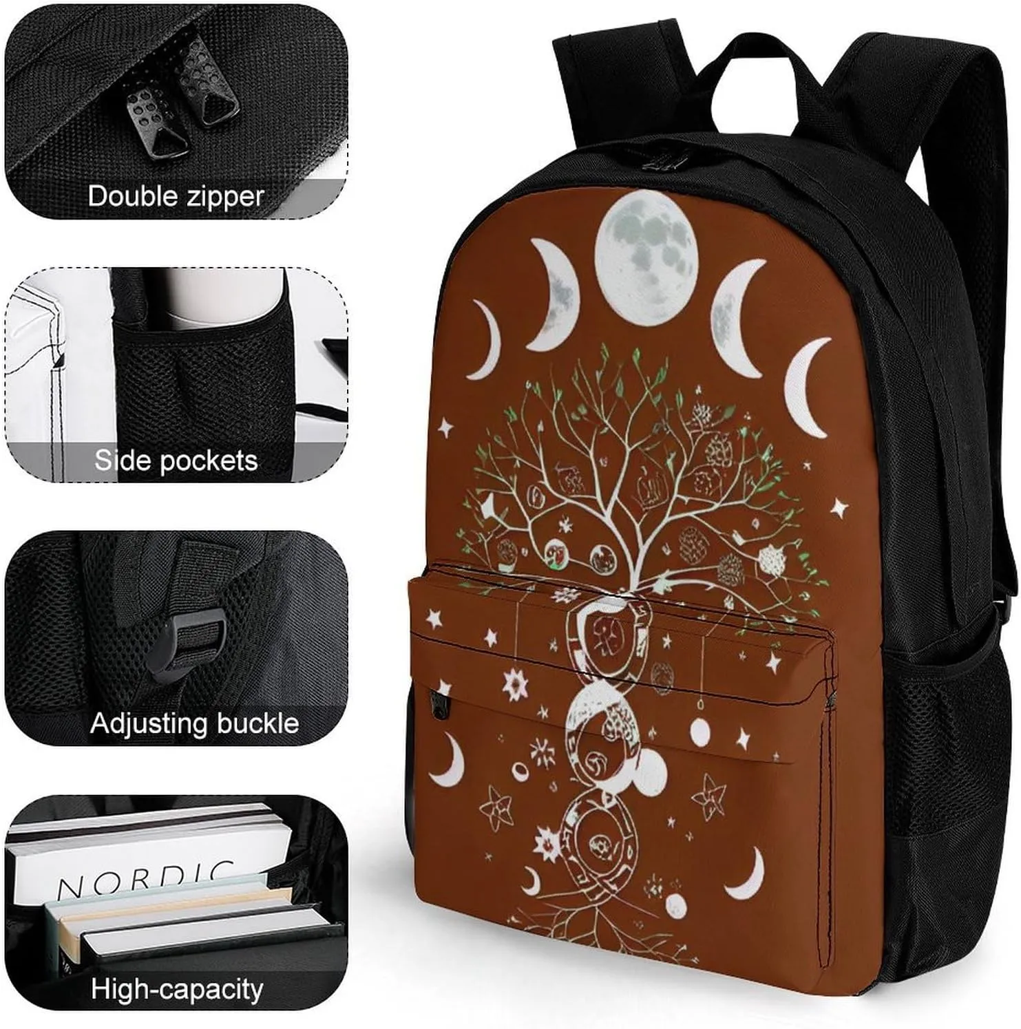 Men Women Lightweight Moon Phase Space Tree Art Casual Daypack Big Capacity Bookbag With Padded Straps for Gym Travel Walking Cycling
