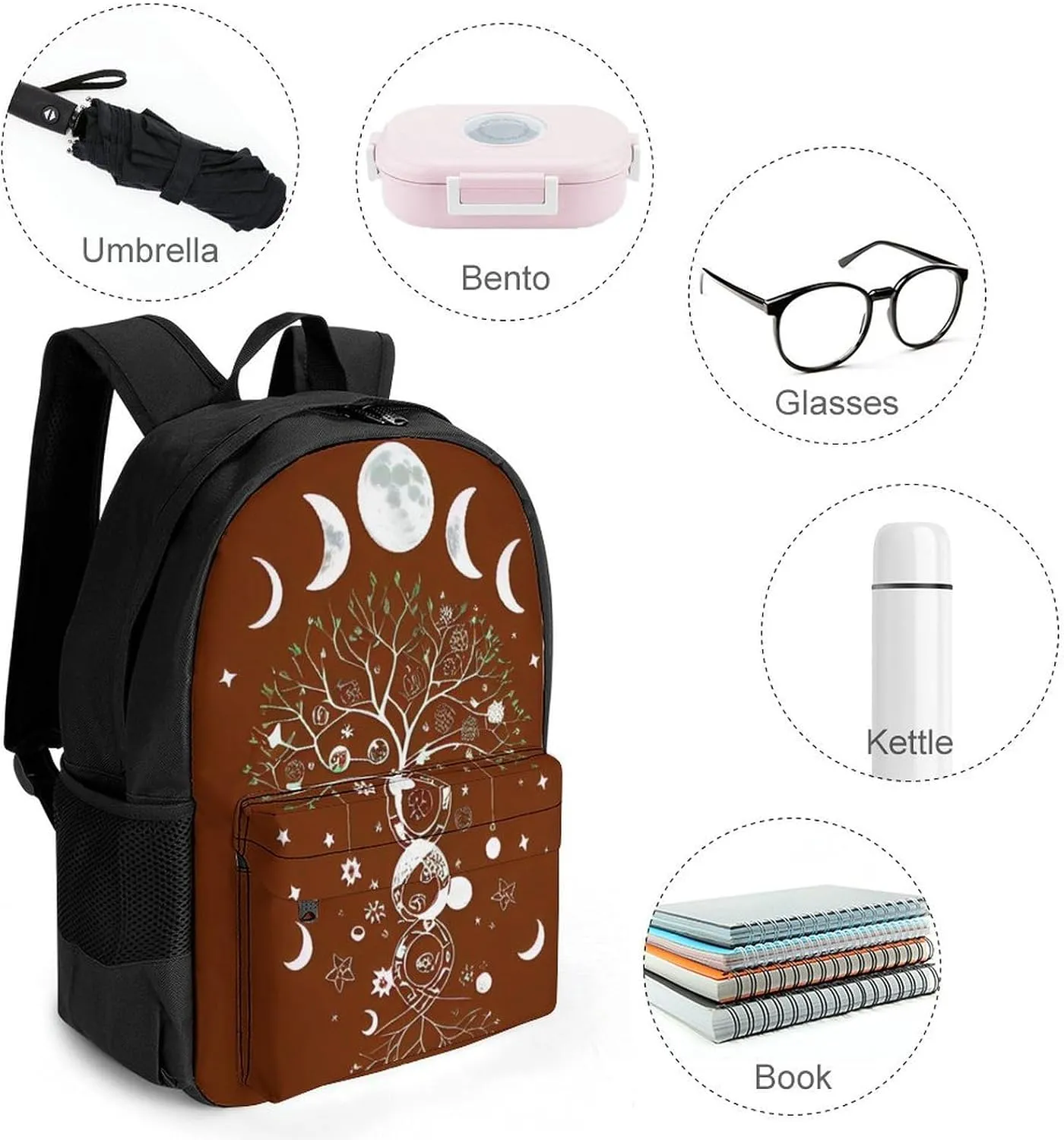 Men Women Lightweight Moon Phase Space Tree Art Casual Daypack Big Capacity Bookbag With Padded Straps for Gym Travel Walking Cycling