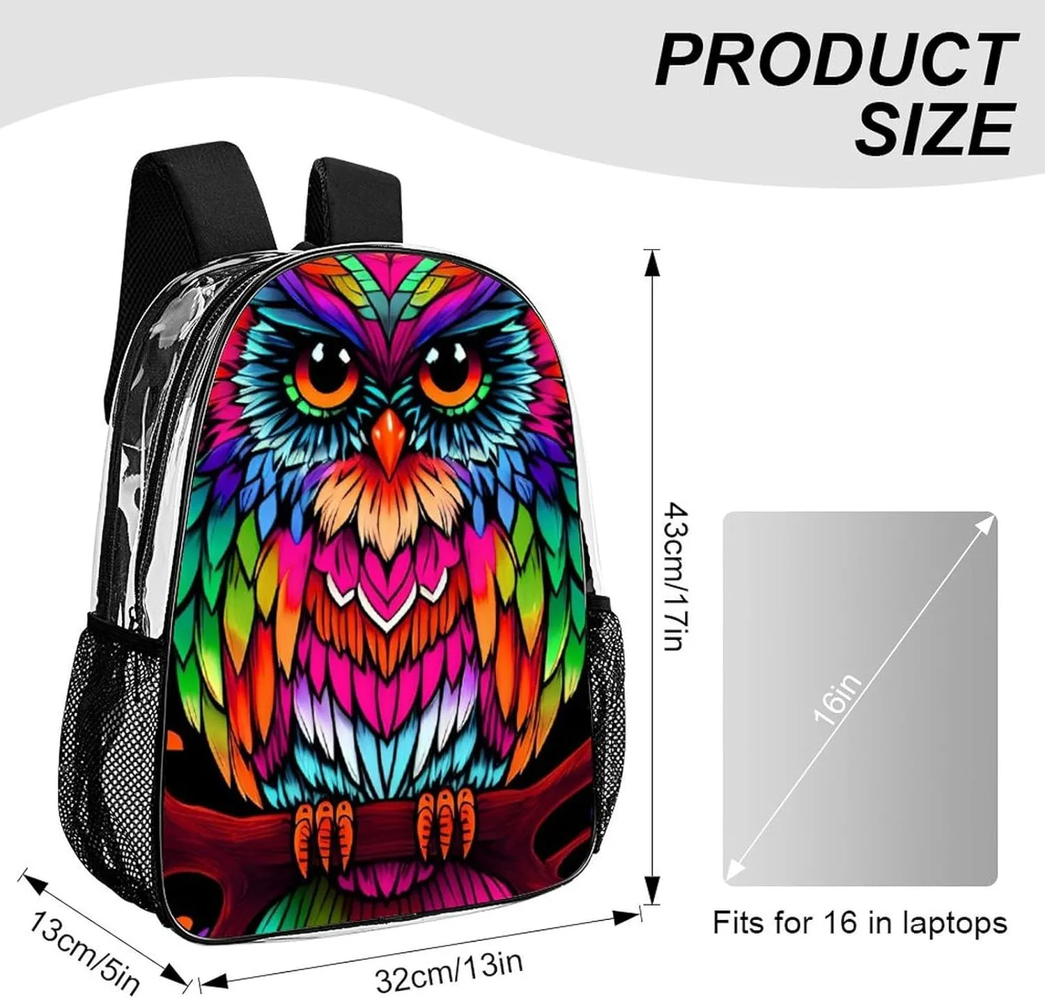 Men Women Transparent Colorful Owl Wild Bird Art Daypack Bookbag Big Capacity Shoulder Bag With Padded Straps for Climbing Travel Walking Cycling