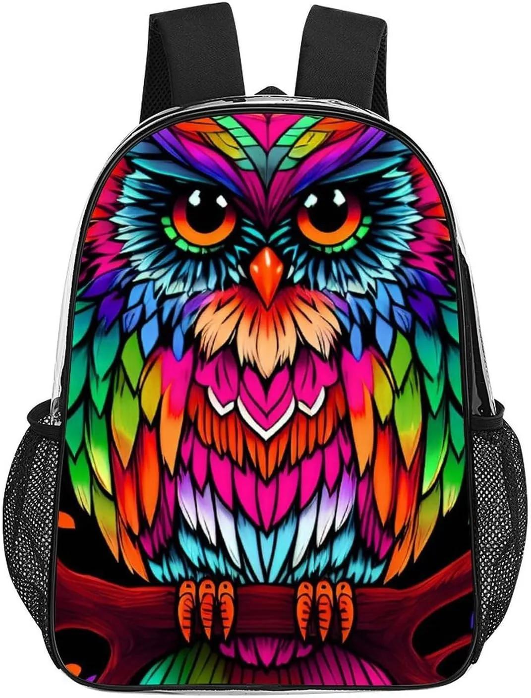 Men Women Transparent Colorful Owl Wild Bird Art Daypack Bookbag Big Capacity Shoulder Bag With Padded Straps for Climbing Travel Walking Cycling
