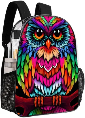 Men Women Transparent Colorful Owl Wild Bird Art Daypack Bookbag Big Capacity Shoulder Bag With Padded Straps for Climbing Travel Walking Cycling