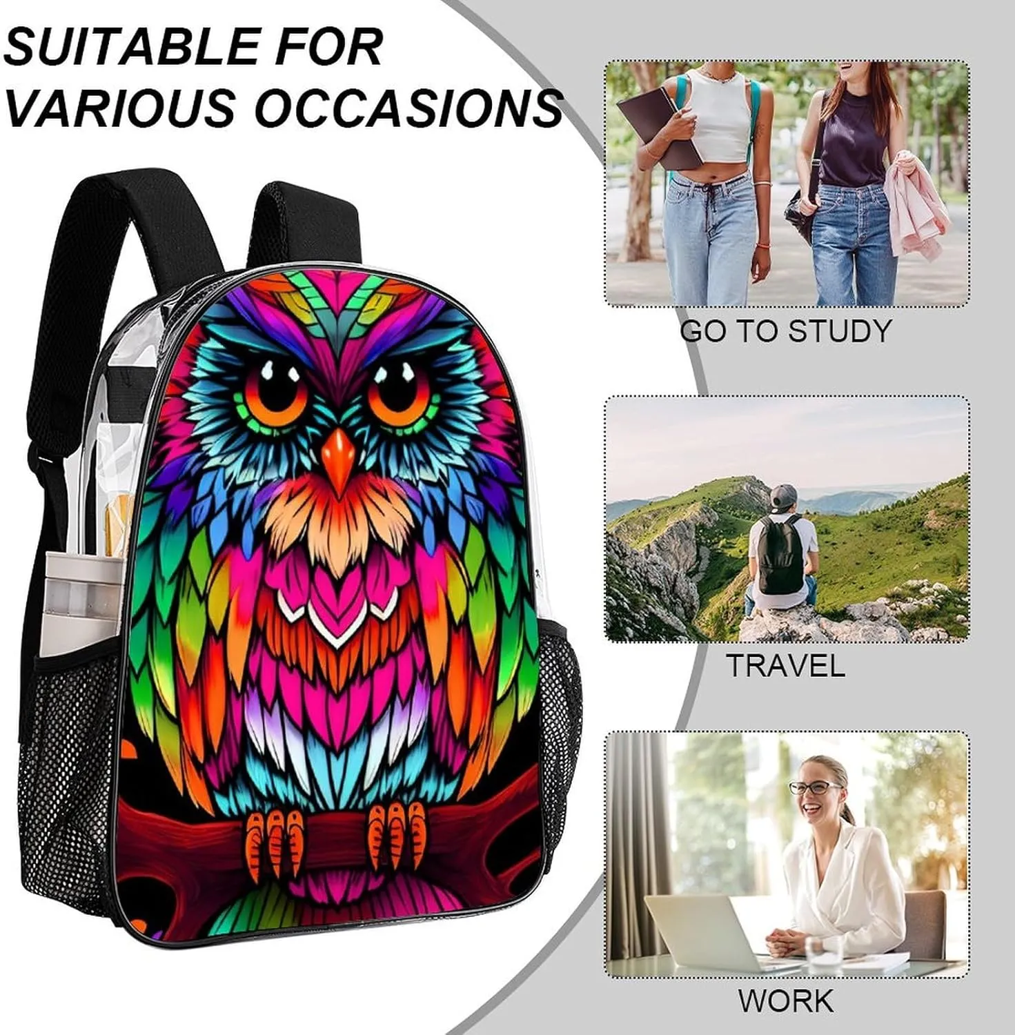 Men Women Transparent Colorful Owl Wild Bird Art Daypack Bookbag Big Capacity Shoulder Bag With Padded Straps for Climbing Travel Walking Cycling