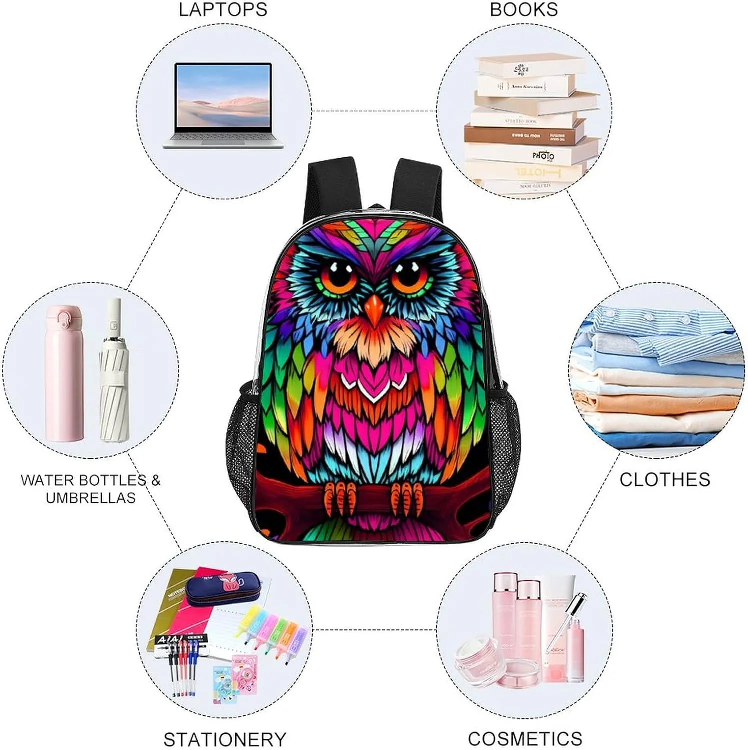 Men Women Transparent Colorful Owl Wild Bird Art Daypack Bookbag Big Capacity Shoulder Bag With Padded Straps for Climbing Travel Walking Cycling