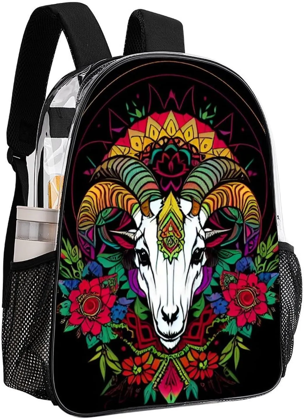 Men Women Transparent Psychedelic Goat Skull Art Daypack Bookbag Big Capacity Shoulder Bag With Padded Straps for Climbing Travel Walking Cycling