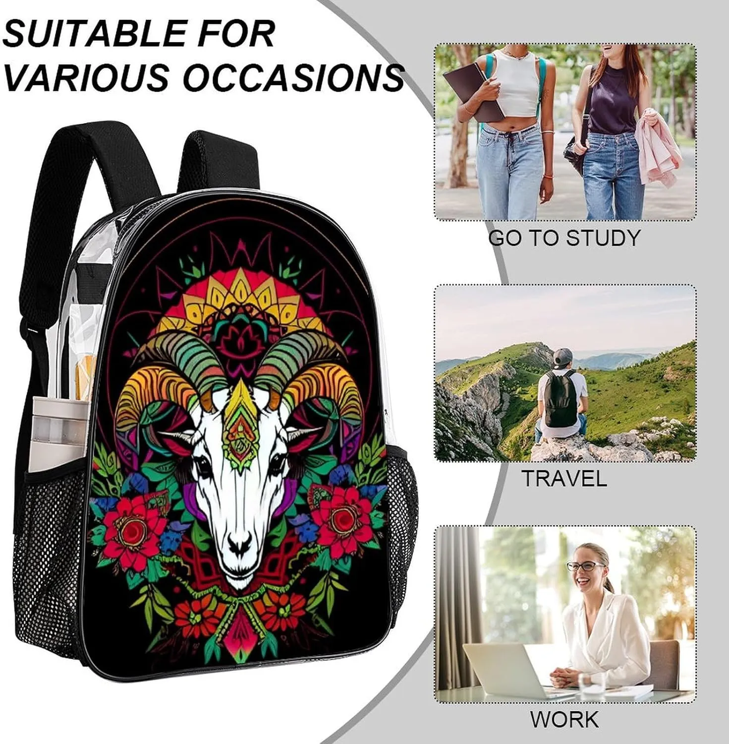 Men Women Transparent Psychedelic Goat Skull Art Daypack Bookbag Big Capacity Shoulder Bag With Padded Straps for Climbing Travel Walking Cycling