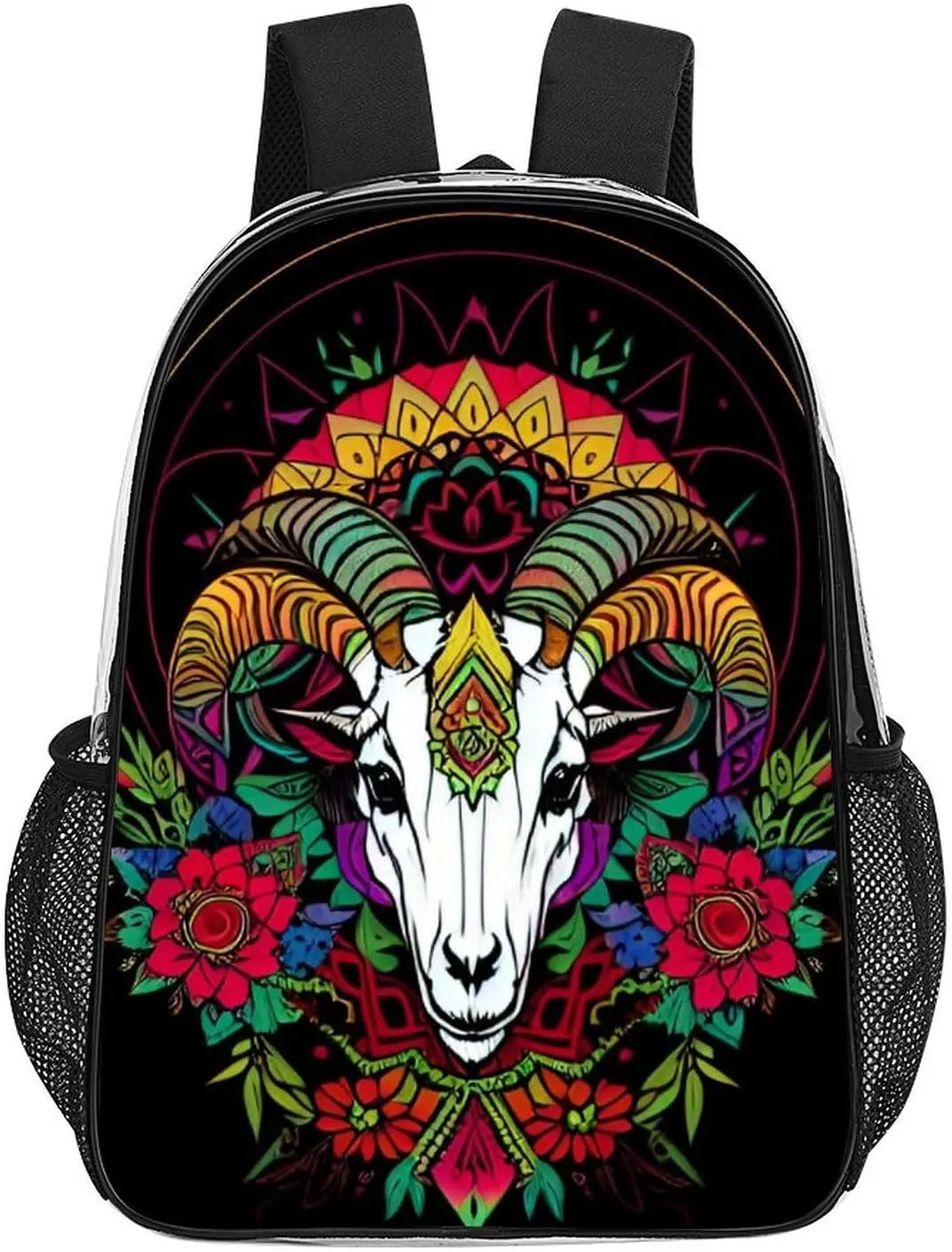Men Women Transparent Psychedelic Goat Skull Art Daypack Bookbag Big Capacity Shoulder Bag With Padded Straps for Climbing Travel Walking Cycling