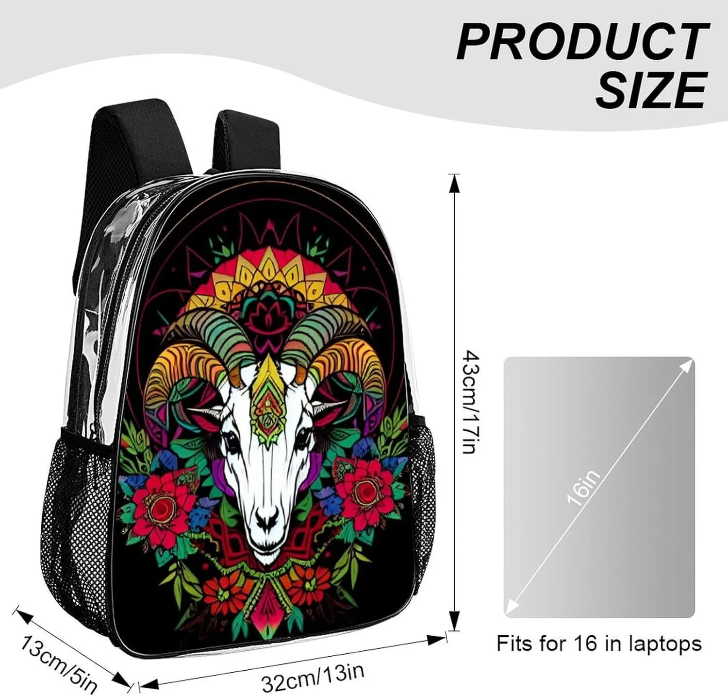 Men Women Transparent Psychedelic Goat Skull Art Daypack Bookbag Big Capacity Shoulder Bag With Padded Straps for Climbing Travel Walking Cycling