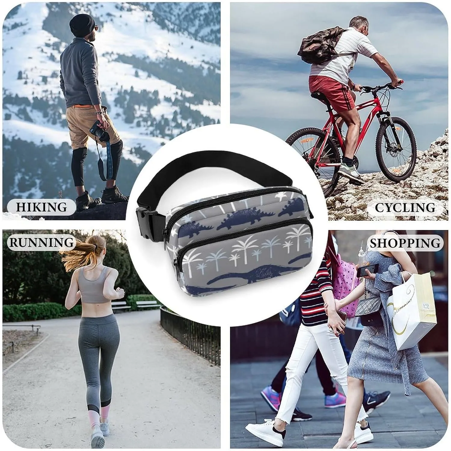 Mens Adjustable Fitness Waist Bag Crossbody Fanny Pack for Running/Workout, Compatible with Grey Dinosaur