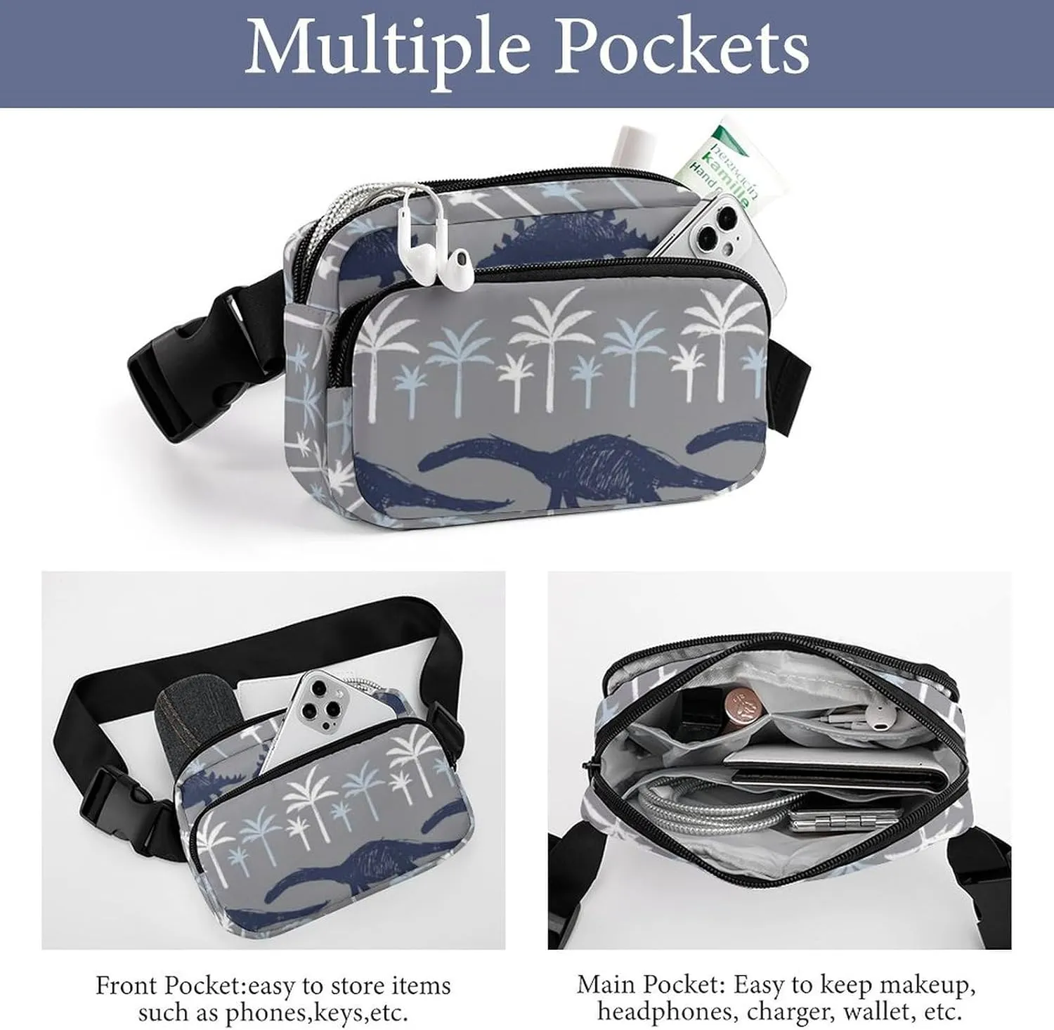Mens Adjustable Fitness Waist Bag Crossbody Fanny Pack for Running/Workout, Compatible with Grey Dinosaur