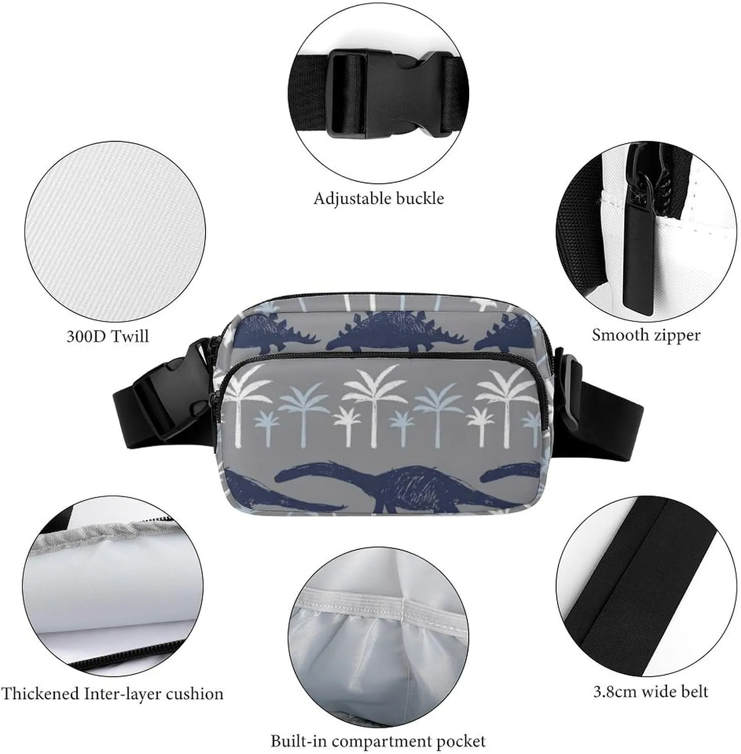 Mens Adjustable Fitness Waist Bag Crossbody Fanny Pack for Running/Workout, Compatible with Grey Dinosaur