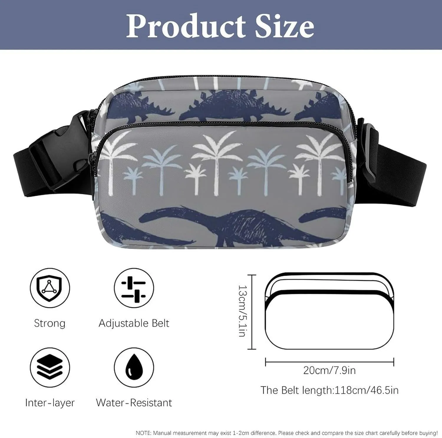 Mens Adjustable Fitness Waist Bag Crossbody Fanny Pack for Running/Workout, Compatible with Grey Dinosaur