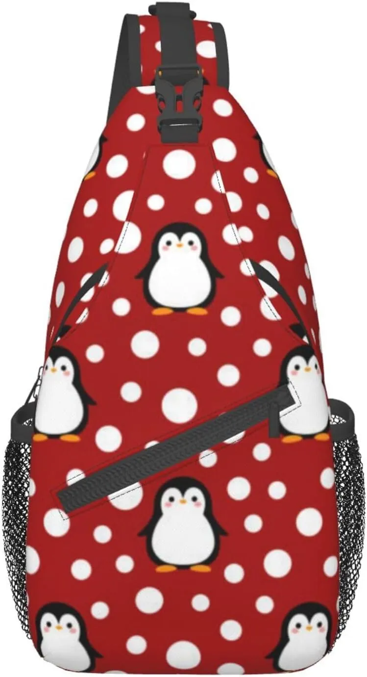 Men'S Crossbody Sling Backpack Penguin With Red Snow Dot Chest Bags Casual Sport Travel Hiking Daypack
