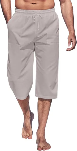 Mens Linen Capri Pants Casual Lightweight Baggy 3/4 Pants Drawstring Elastic Waist Cropped Trousers Beach Yoga Shorts Pockets