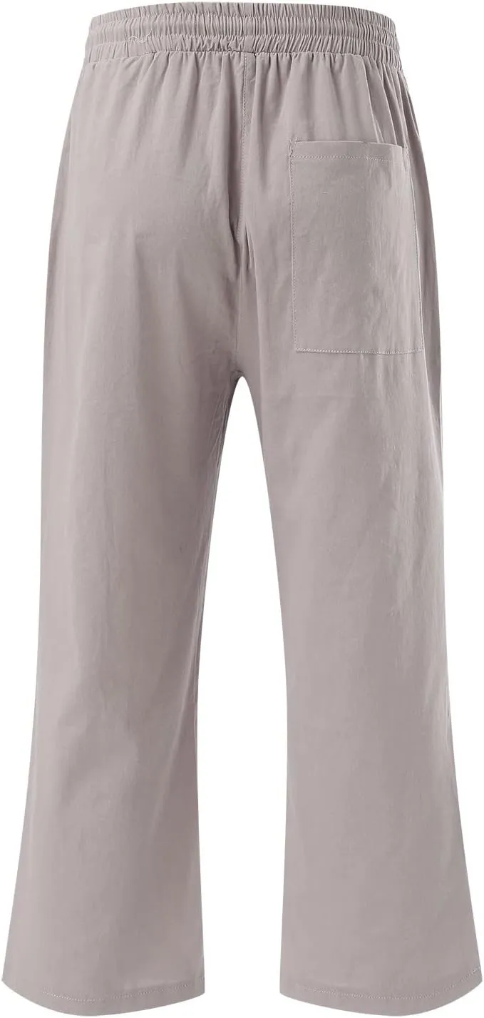 Mens Linen Capri Pants Casual Lightweight Baggy 3/4 Pants Drawstring Elastic Waist Cropped Trousers Beach Yoga Shorts Pockets