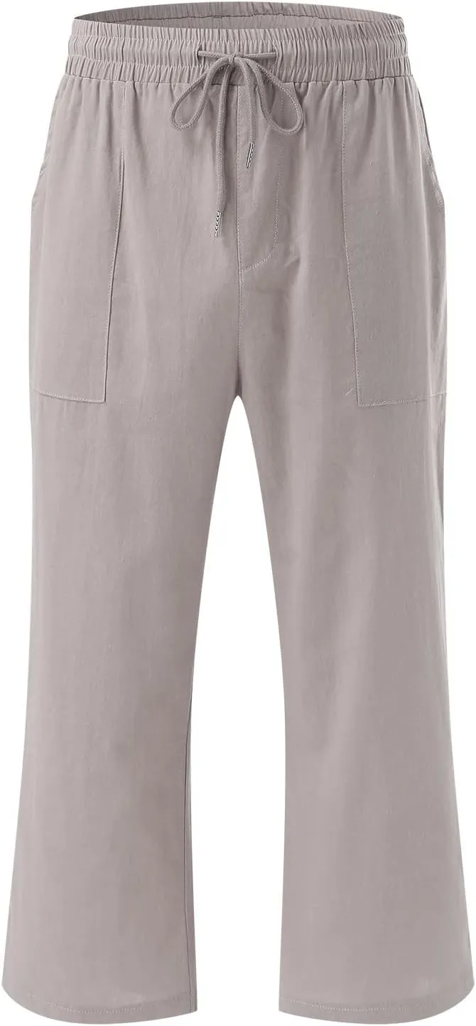 Mens Linen Capri Pants Casual Lightweight Baggy 3/4 Pants Drawstring Elastic Waist Cropped Trousers Beach Yoga Shorts Pockets