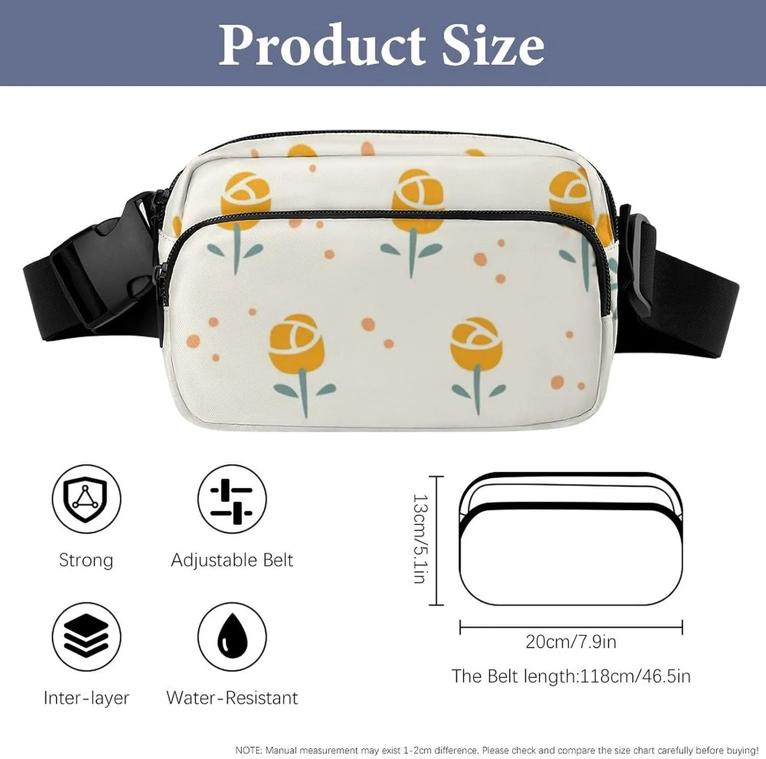 Mens Travel & Sport Fanny Pack Compatible with Shabby Chic Flowers Cute Yellow Floral Rose, Crossbody Waist Bag for Hiking