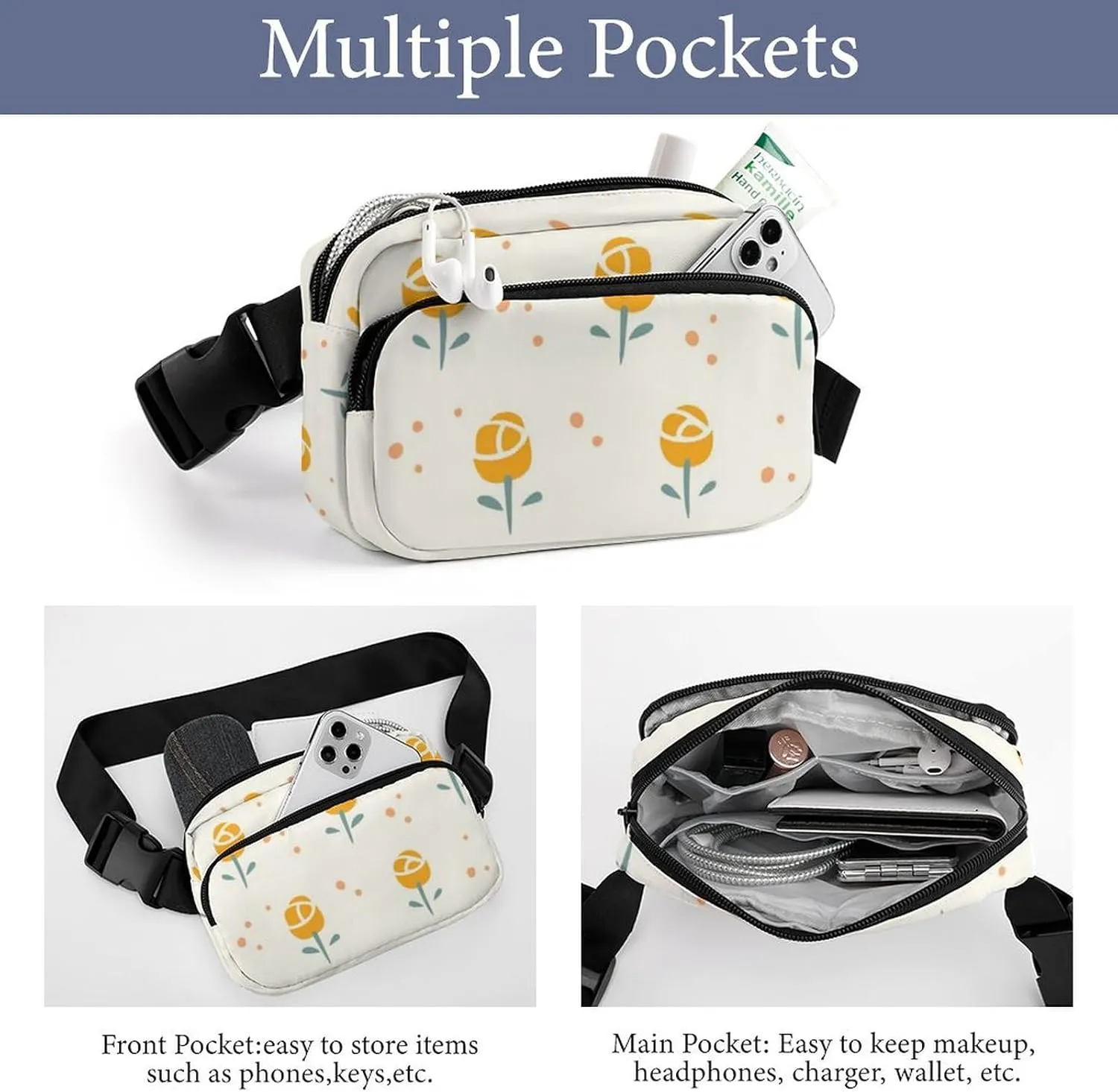 Mens Travel & Sport Fanny Pack Compatible with Shabby Chic Flowers Cute Yellow Floral Rose, Crossbody Waist Bag for Hiking