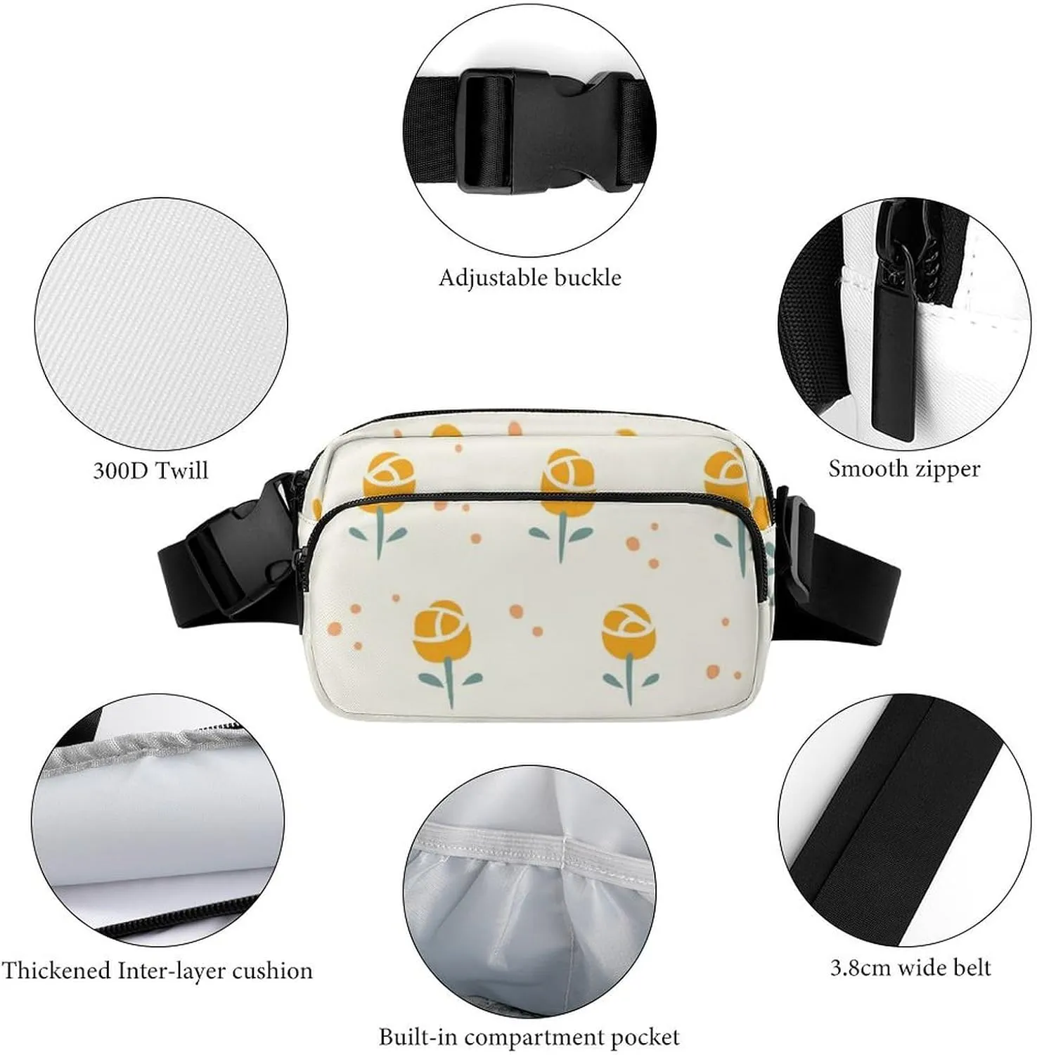 Mens Travel & Sport Fanny Pack Compatible with Shabby Chic Flowers Cute Yellow Floral Rose, Crossbody Waist Bag for Hiking