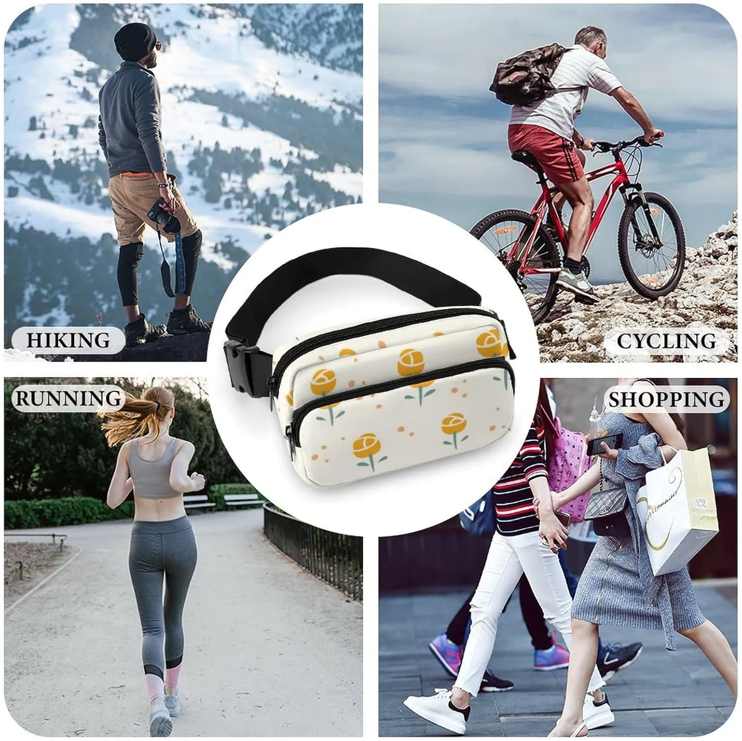 Mens Travel & Sport Fanny Pack Compatible with Shabby Chic Flowers Cute Yellow Floral Rose, Crossbody Waist Bag for Hiking