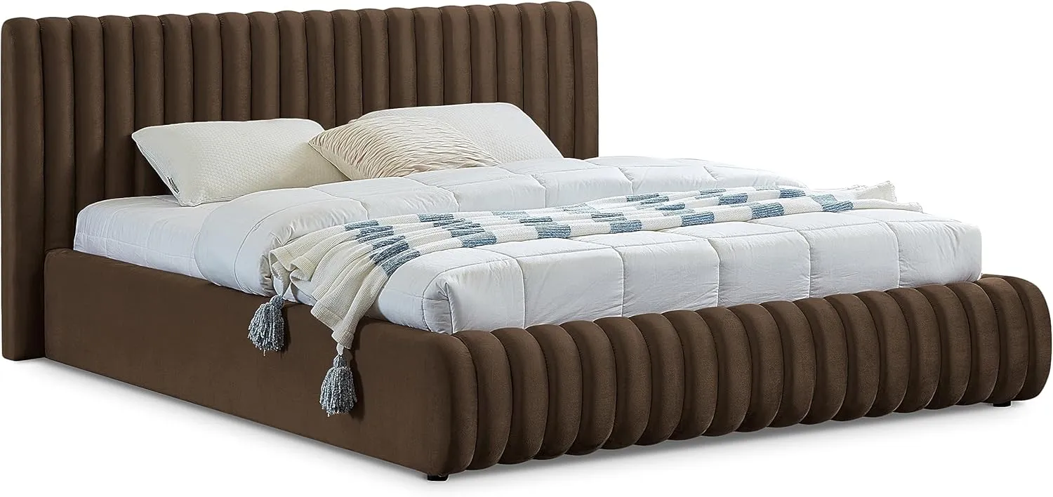 Meridian Furniture NicoBrown-K Nico Collection Modern | Contemporary Velvet Upholstered King Bed with Rich Brown Velvet and Deep Channel Tufting, 89" W x 91" D x 38" H, Brown, King