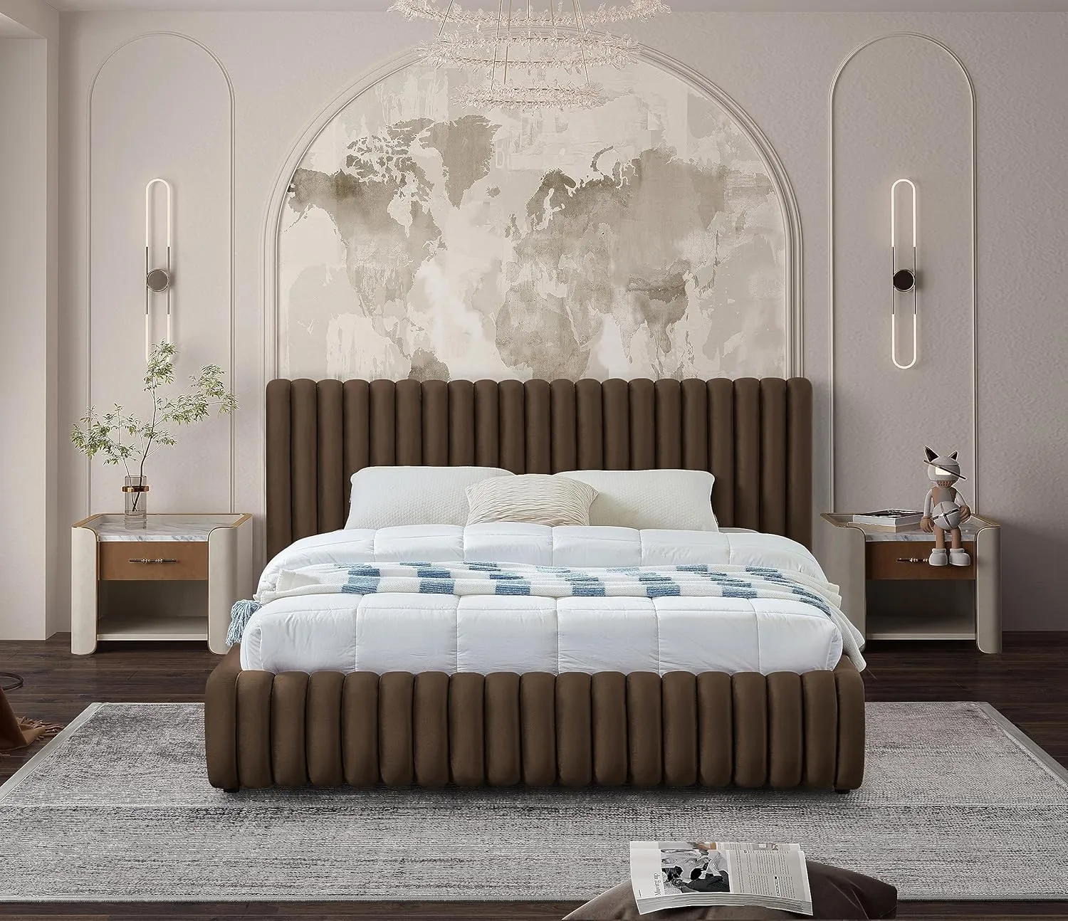 Meridian Furniture NicoBrown-K Nico Collection Modern | Contemporary Velvet Upholstered King Bed with Rich Brown Velvet and Deep Channel Tufting, 89" W x 91" D x 38" H, Brown, King