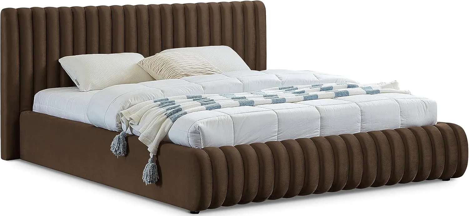 Meridian Furniture NicoBrown-K Nico Collection Modern | Contemporary Velvet Upholstered King Bed with Rich Brown Velvet and Deep Channel Tufting, 89" W x 91" D x 38" H, Brown, King