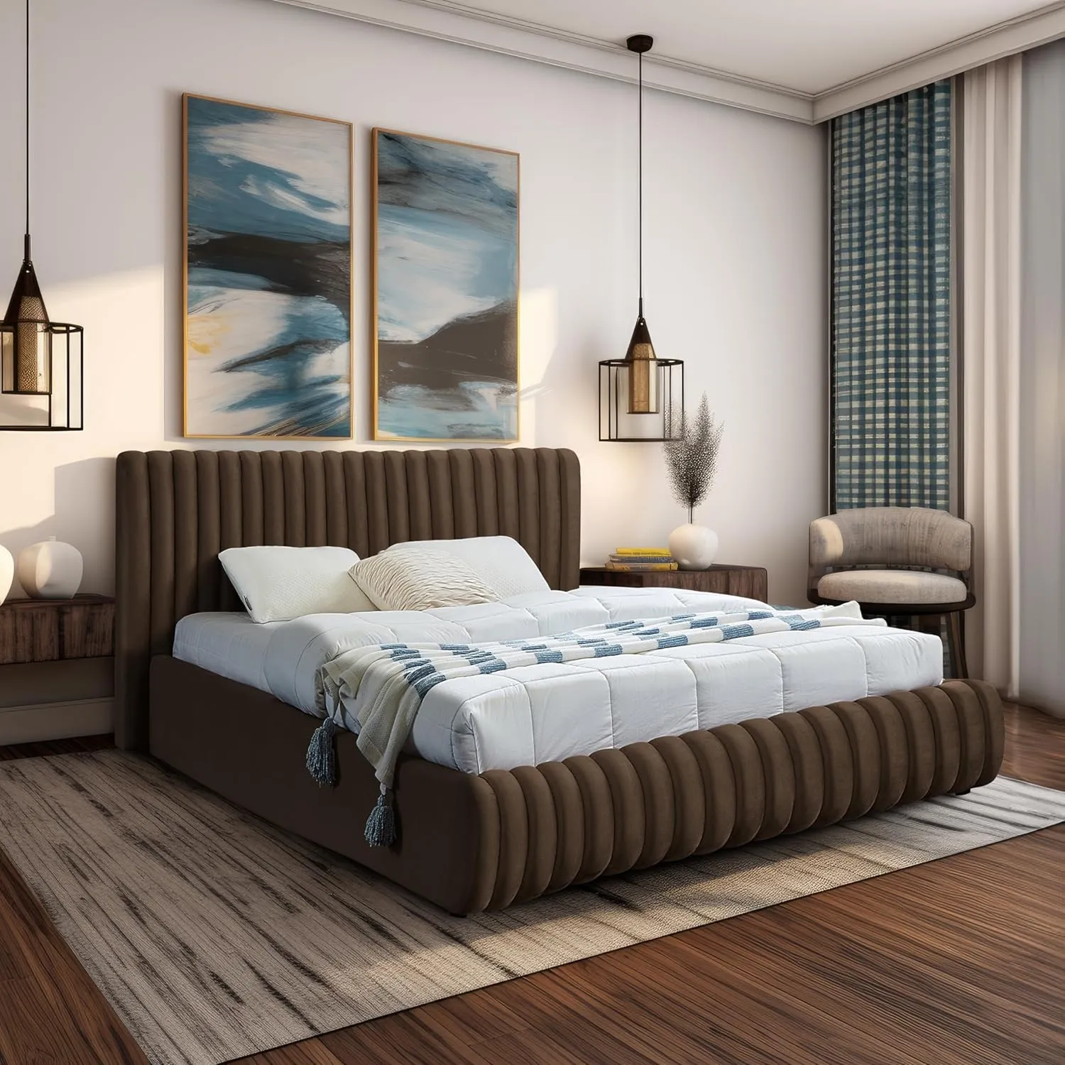 Meridian Furniture NicoBrown-K Nico Collection Modern | Contemporary Velvet Upholstered King Bed with Rich Brown Velvet and Deep Channel Tufting, 89" W x 91" D x 38" H, Brown, King