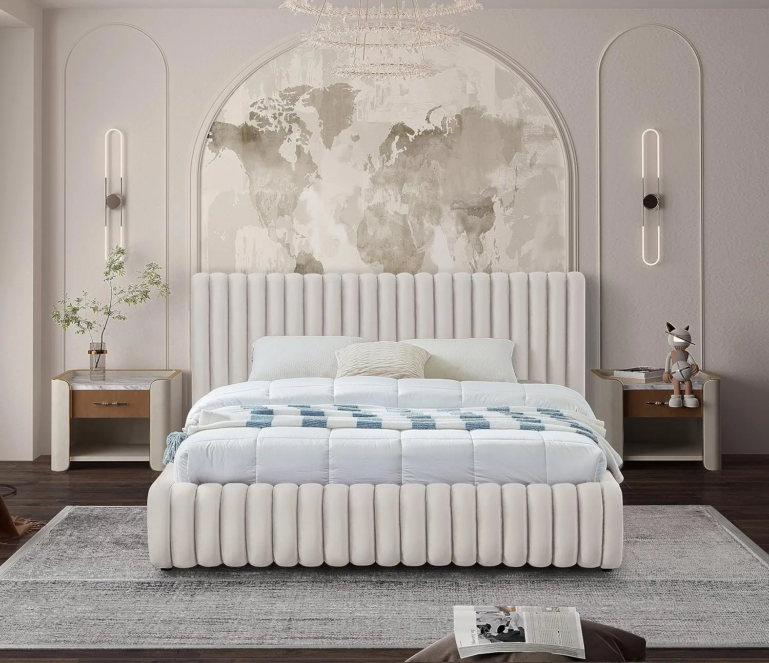 Meridian Furniture NicoCream-K Nico Collection Modern | Contemporary Velvet Upholstered King Bed with Rich Cream Velvet and Deep Channel Tufting, 89" W x 91" D x 38" H, Cream, King