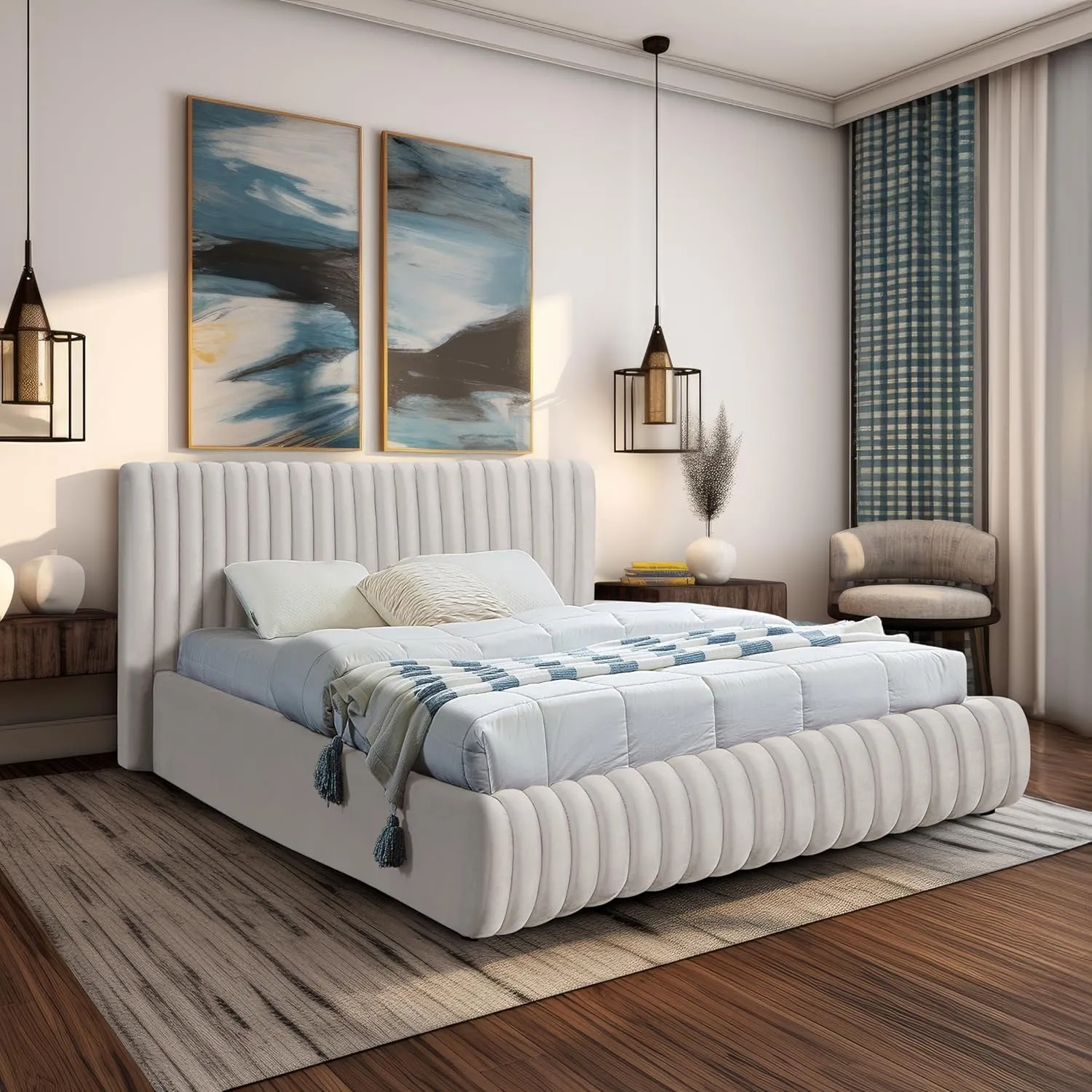 Meridian Furniture NicoCream-K Nico Collection Modern | Contemporary Velvet Upholstered King Bed with Rich Cream Velvet and Deep Channel Tufting, 89" W x 91" D x 38" H, Cream, King