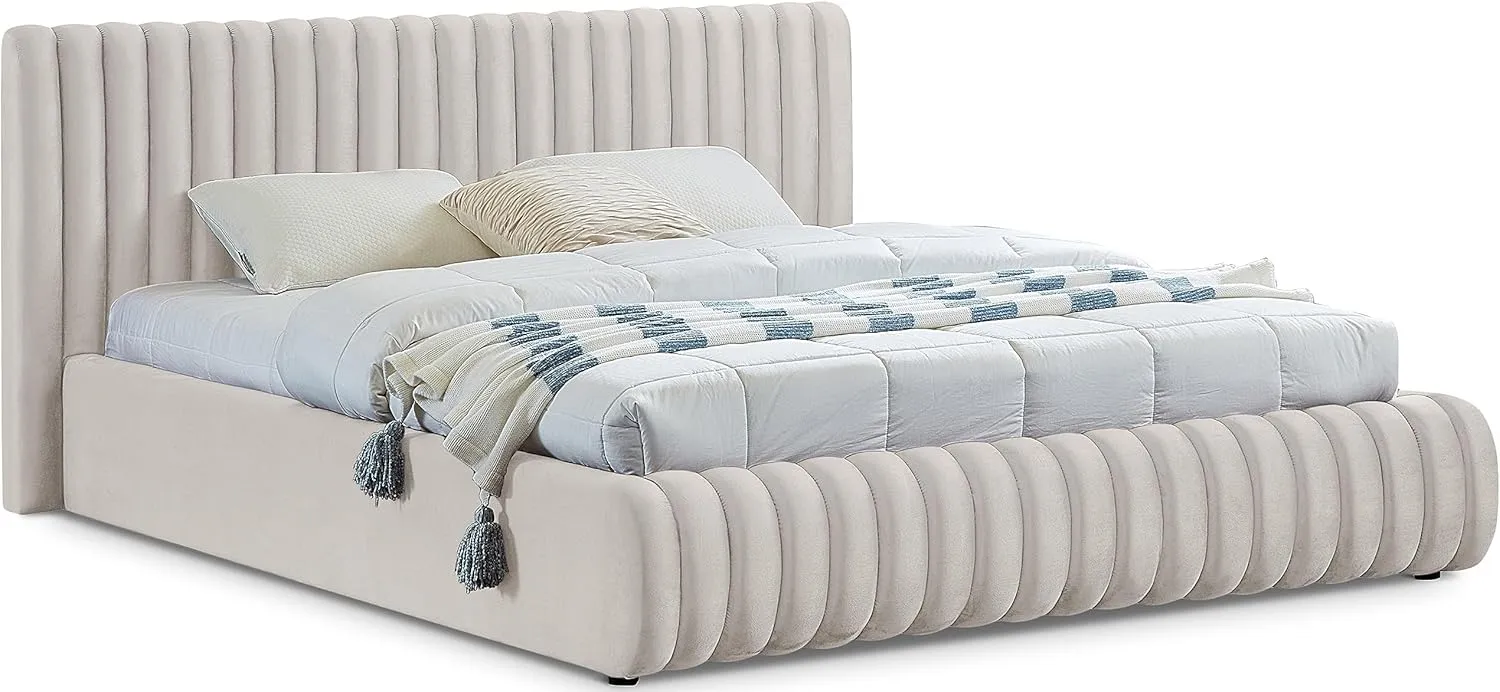 Meridian Furniture NicoCream-K Nico Collection Modern | Contemporary Velvet Upholstered King Bed with Rich Cream Velvet and Deep Channel Tufting, 89" W x 91" D x 38" H, Cream, King