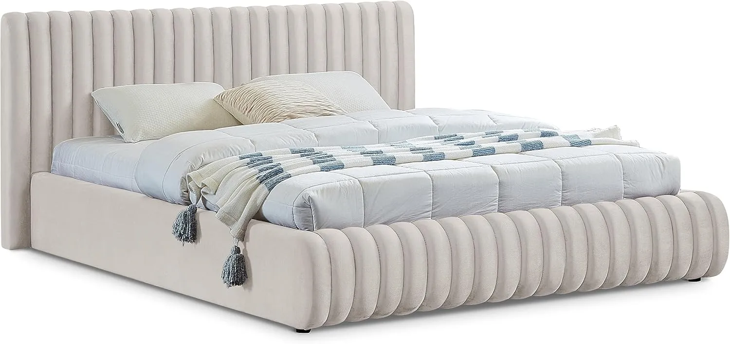 Meridian Furniture NicoCream-K Nico Collection Modern | Contemporary Velvet Upholstered King Bed with Rich Cream Velvet and Deep Channel Tufting, 89" W x 91" D x 38" H, Cream, King
