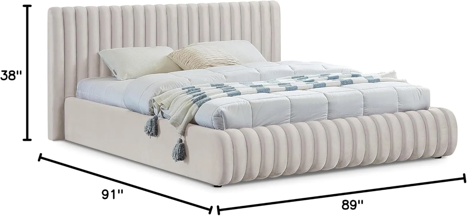 Meridian Furniture NicoCream-K Nico Collection Modern | Contemporary Velvet Upholstered King Bed with Rich Cream Velvet and Deep Channel Tufting, 89" W x 91" D x 38" H, Cream, King