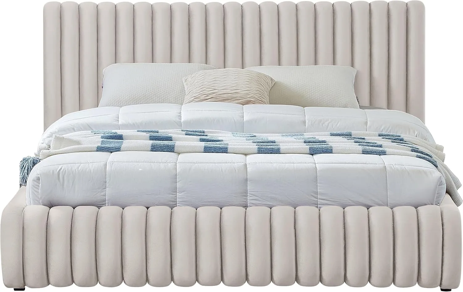 Meridian Furniture NicoCream-K Nico Collection Modern | Contemporary Velvet Upholstered King Bed with Rich Cream Velvet and Deep Channel Tufting, 89" W x 91" D x 38" H, Cream, King