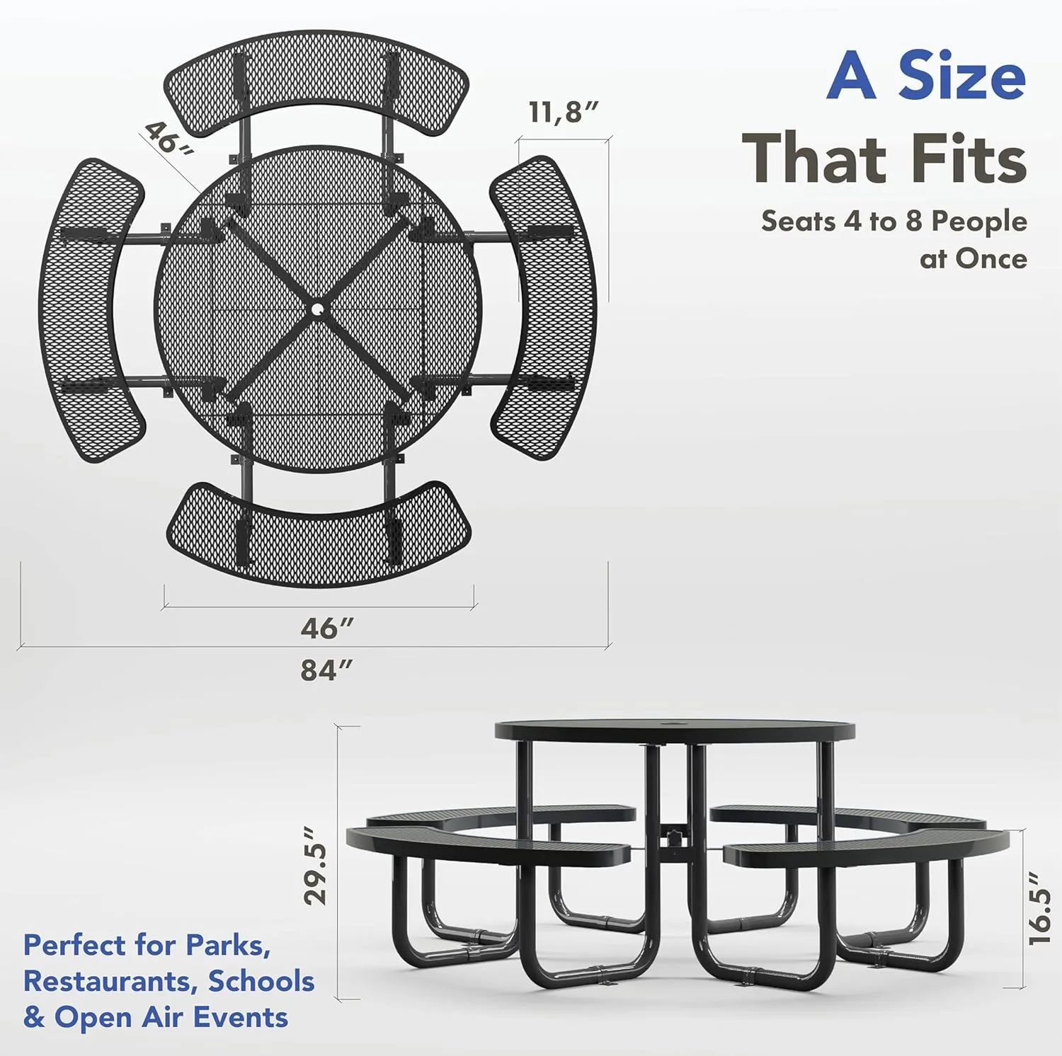 Metal Picnic Tables for Outdoors with Umbrella Hole - Coated Steel Heavy Duty Commercial Grade Table with Adjustable Seats (Black, 46 in, Round, Expanded Steel)