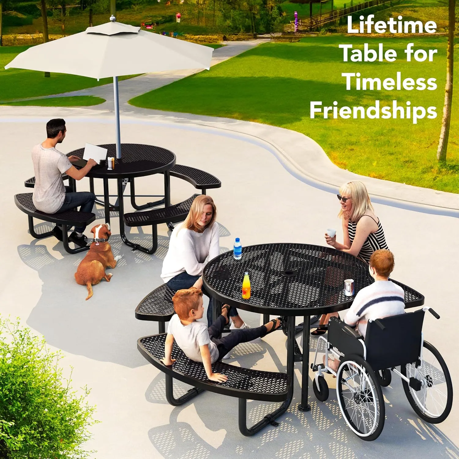 Metal Picnic Tables for Outdoors with Umbrella Hole - Coated Steel Heavy Duty Commercial Grade Table with Adjustable Seats (Black, 46 in, Round, Expanded Steel)