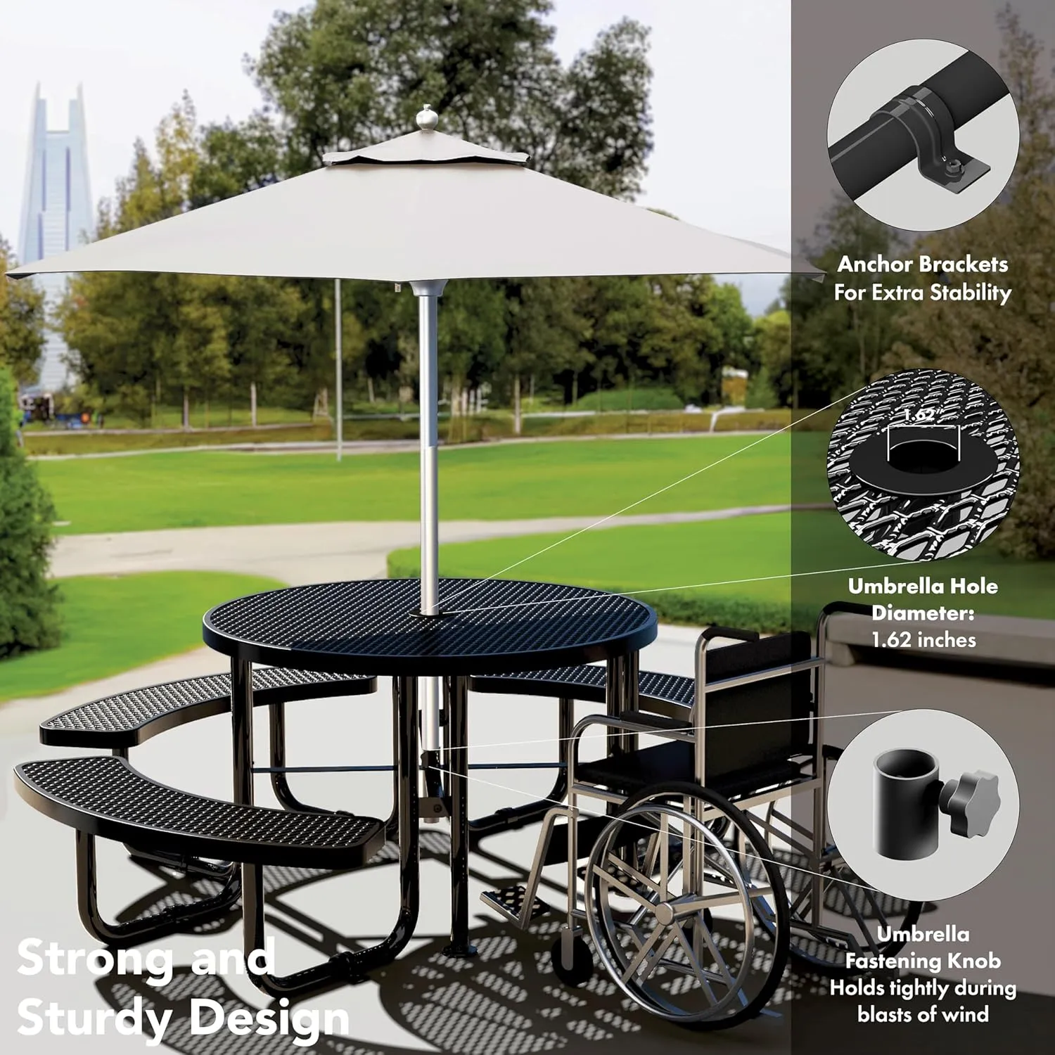 Metal Picnic Tables for Outdoors with Umbrella Hole - Coated Steel Heavy Duty Commercial Grade Table with Adjustable Seats (Black, 46 in, Round, Expanded Steel)