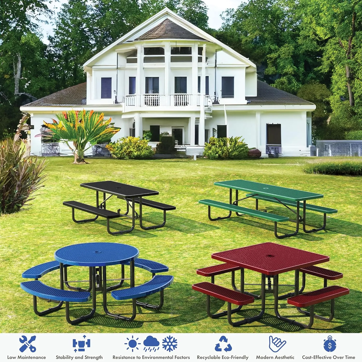 Metal Picnic Tables for Outdoors with Umbrella Hole - Coated Steel Heavy Duty Commercial Grade Table with Adjustable Seats (Black, 46 in, Round, Expanded Steel)